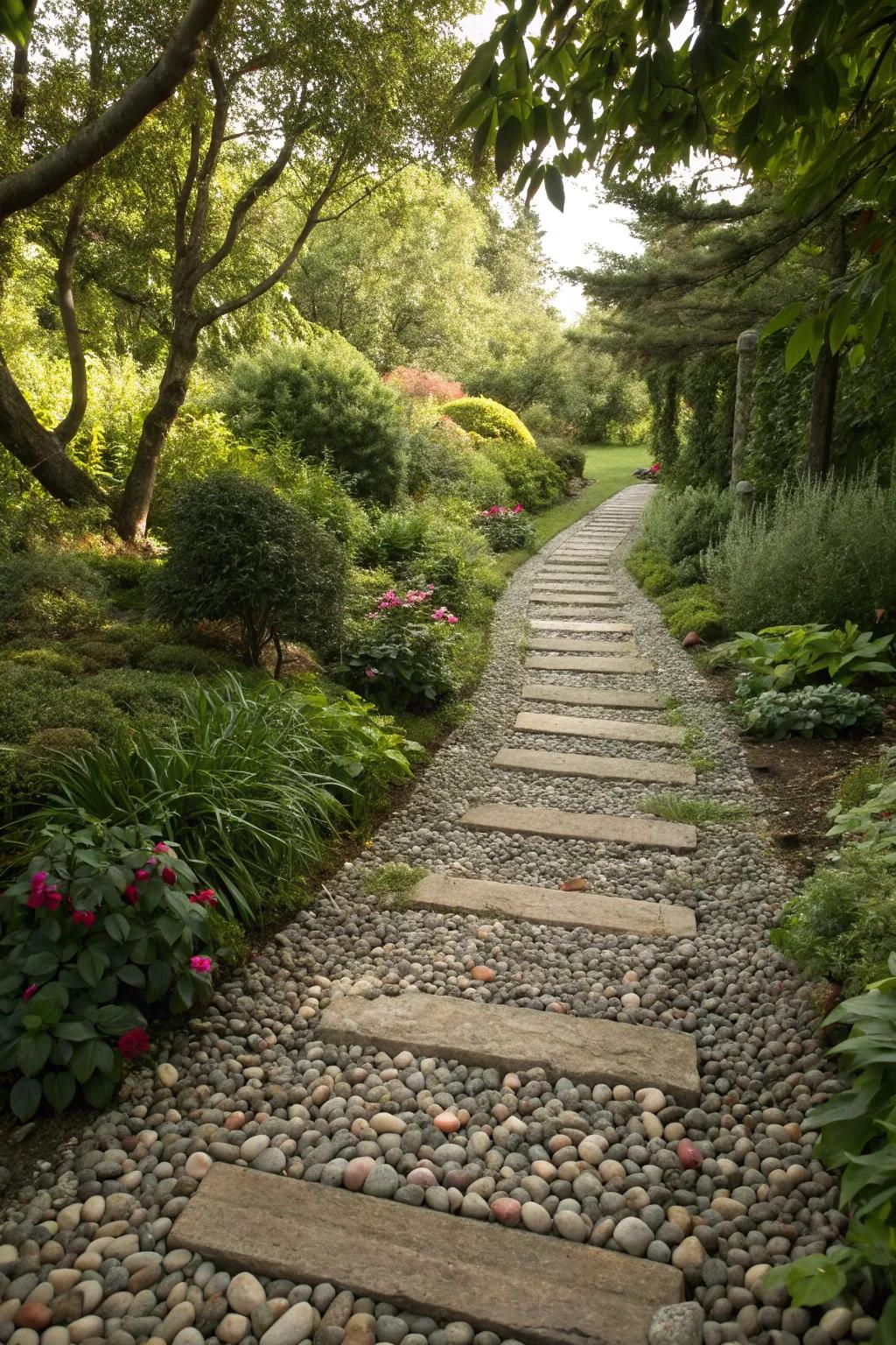Pebbles create a pathway that’s both visually and tactilely pleasing.