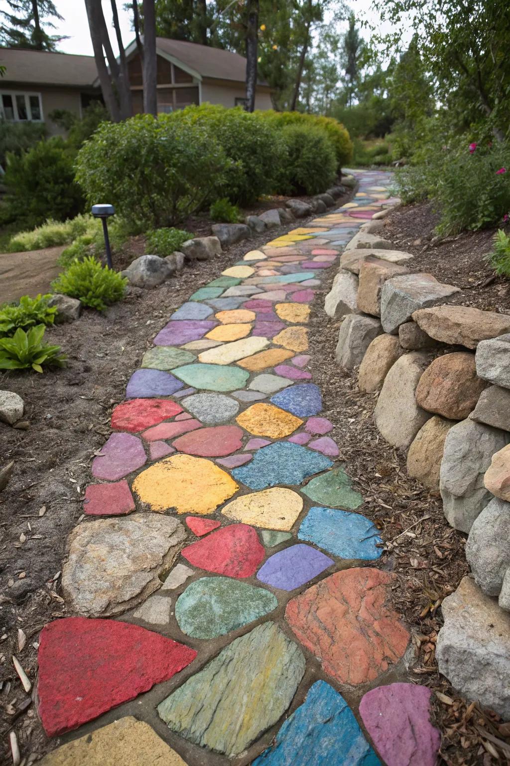 A patchwork of colorful stones forges a vibrant and eye-catching route.