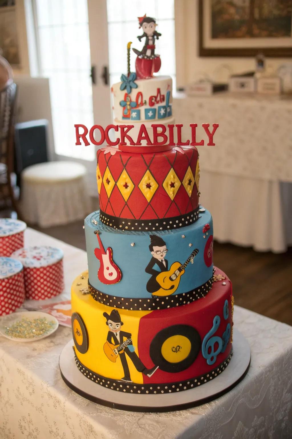 A stunning rockabilly cake that ties the theme together beautifully.