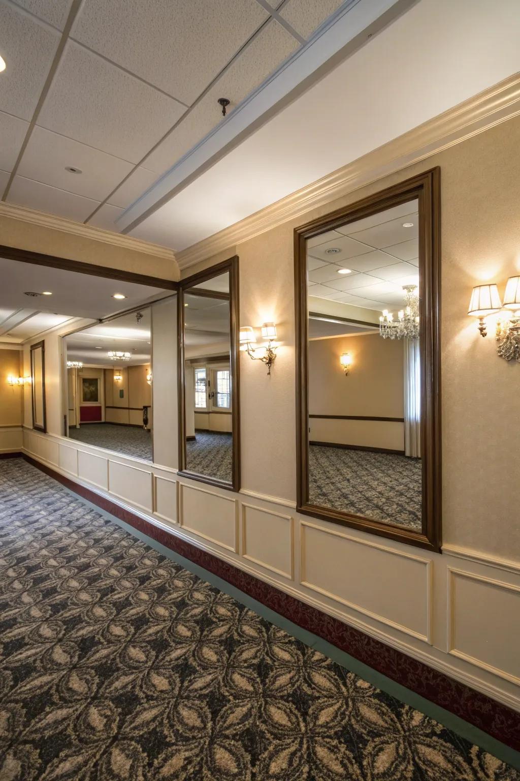 A small room with a mirrored partition wall that enhances space and light.