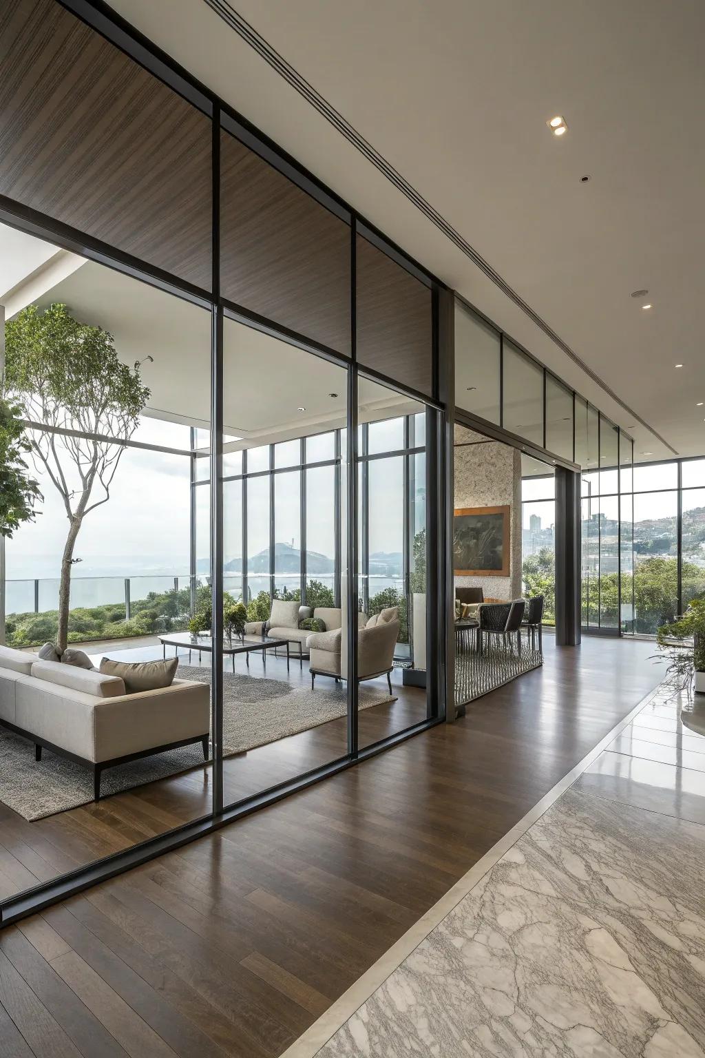 Partial glass walls provide separation while permitting light to shine through.