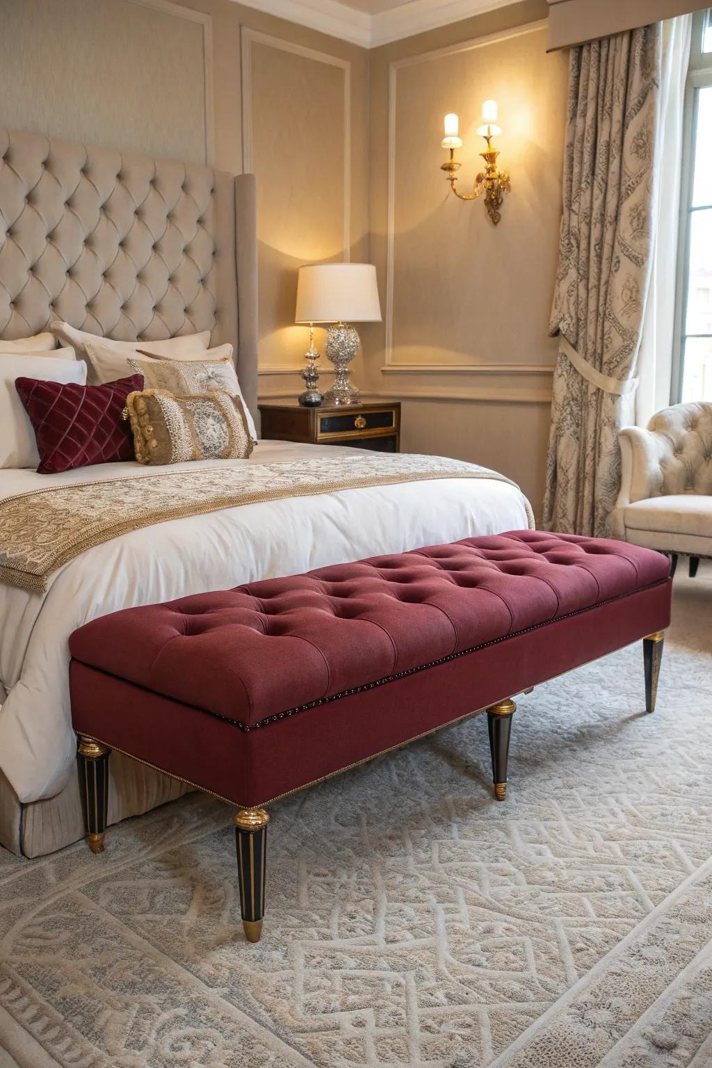 A burgundy upholstered bench injects both seating and elegance into the bedroom.