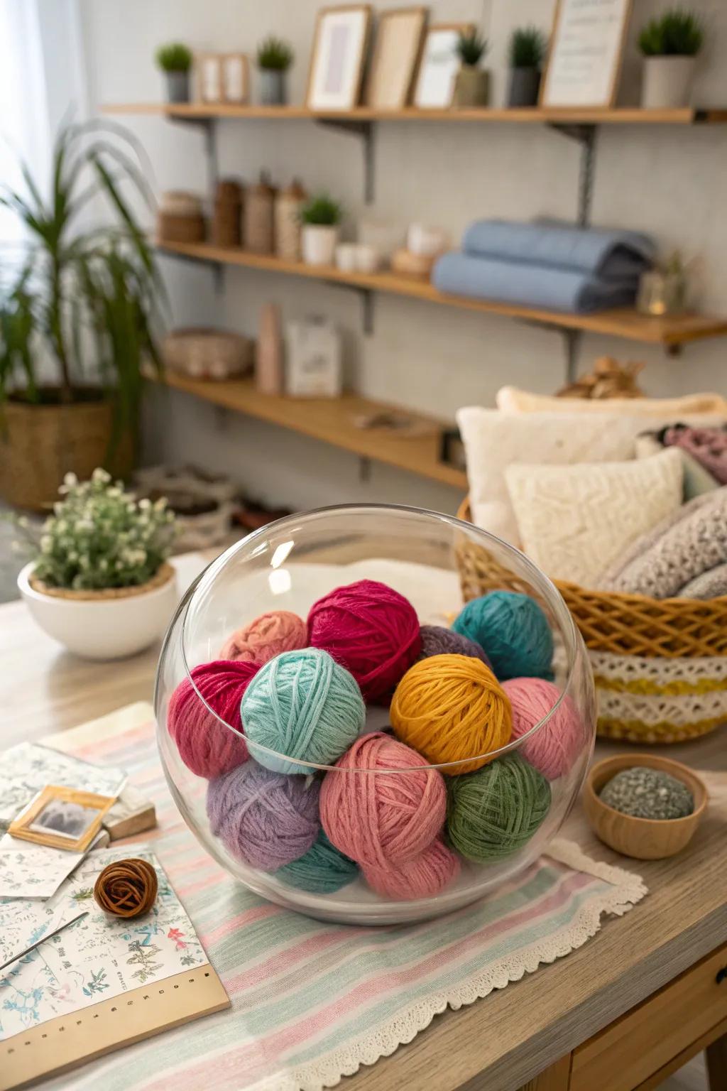 Yarn balls in a glass bowl make for an inviting and comfy atmosphere.
