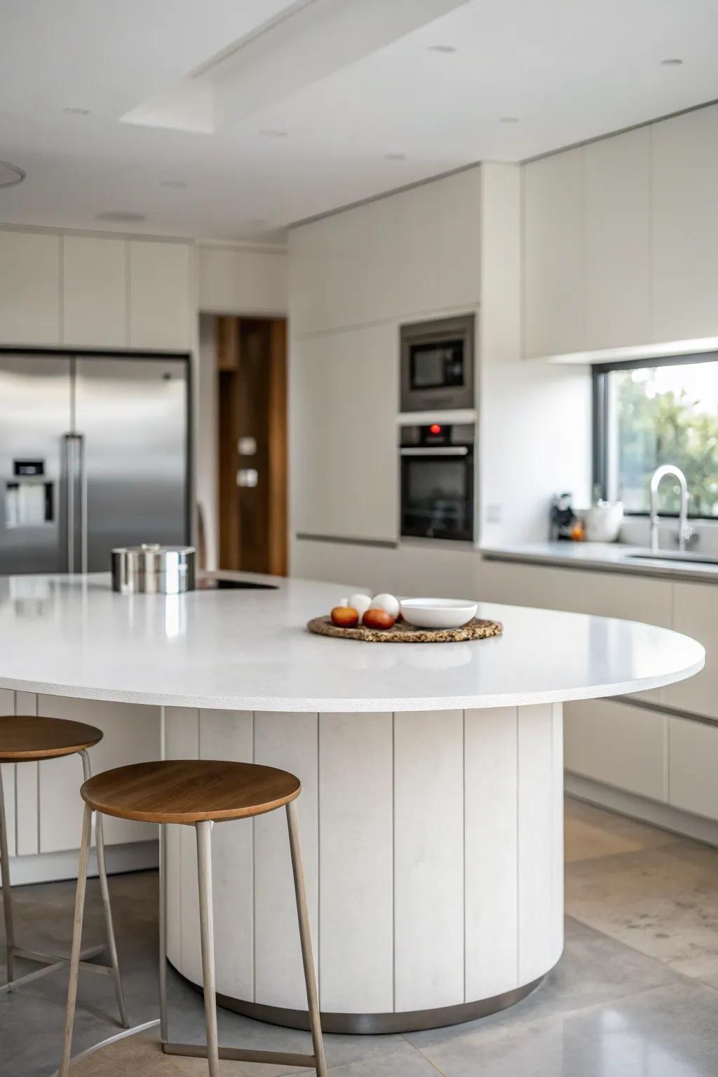 Minimalist design featuring sleek lines creates a serene kitchen atmosphere.