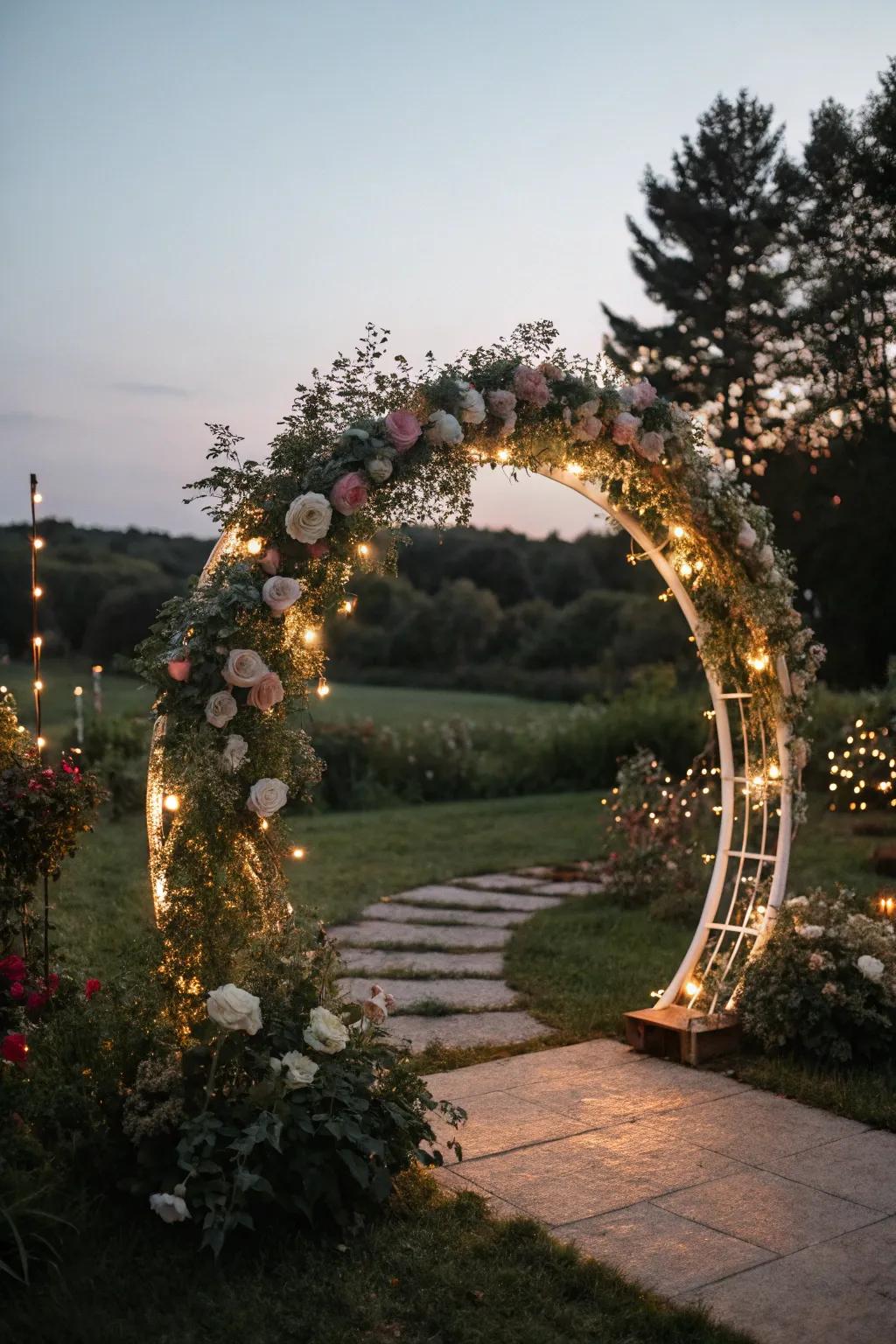 An enchanting circular wedding arch illuminated by magical lights.