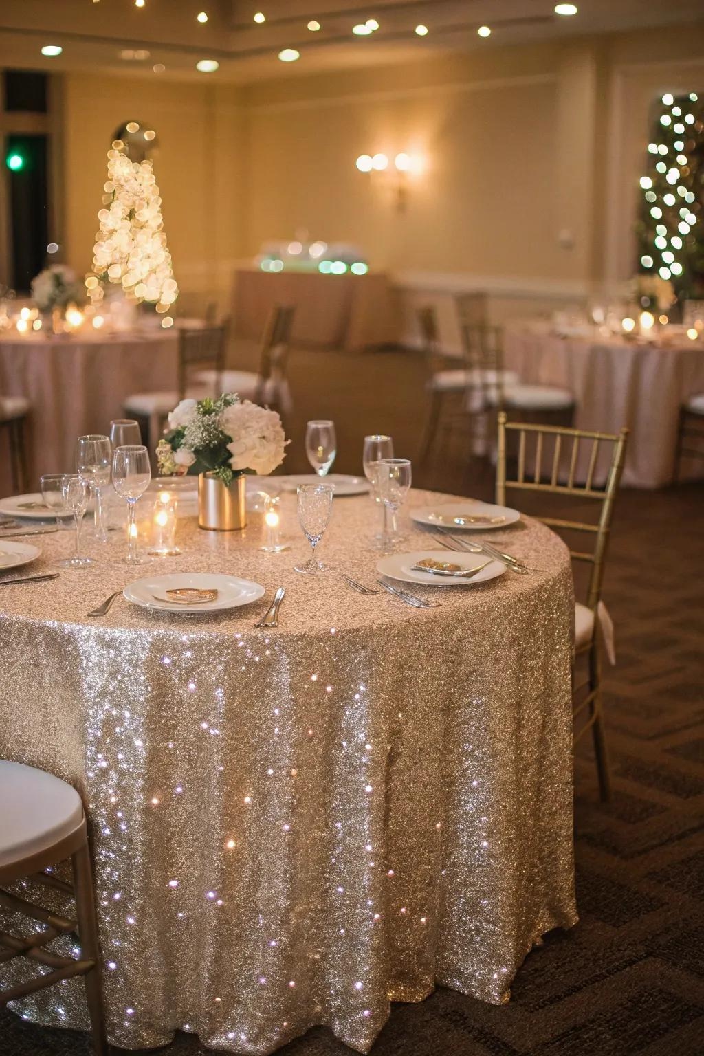 A sequined tablecloth adding sparkle to a festive wedding.