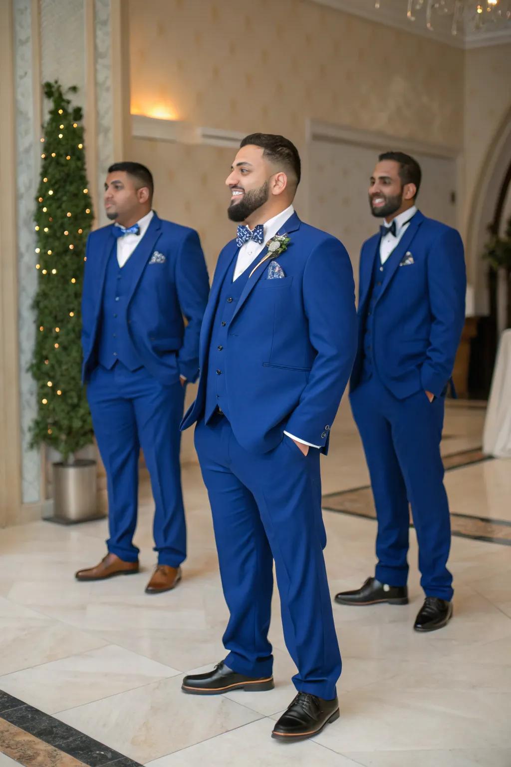 Groom and groomsmen looking dapper in royal blue.