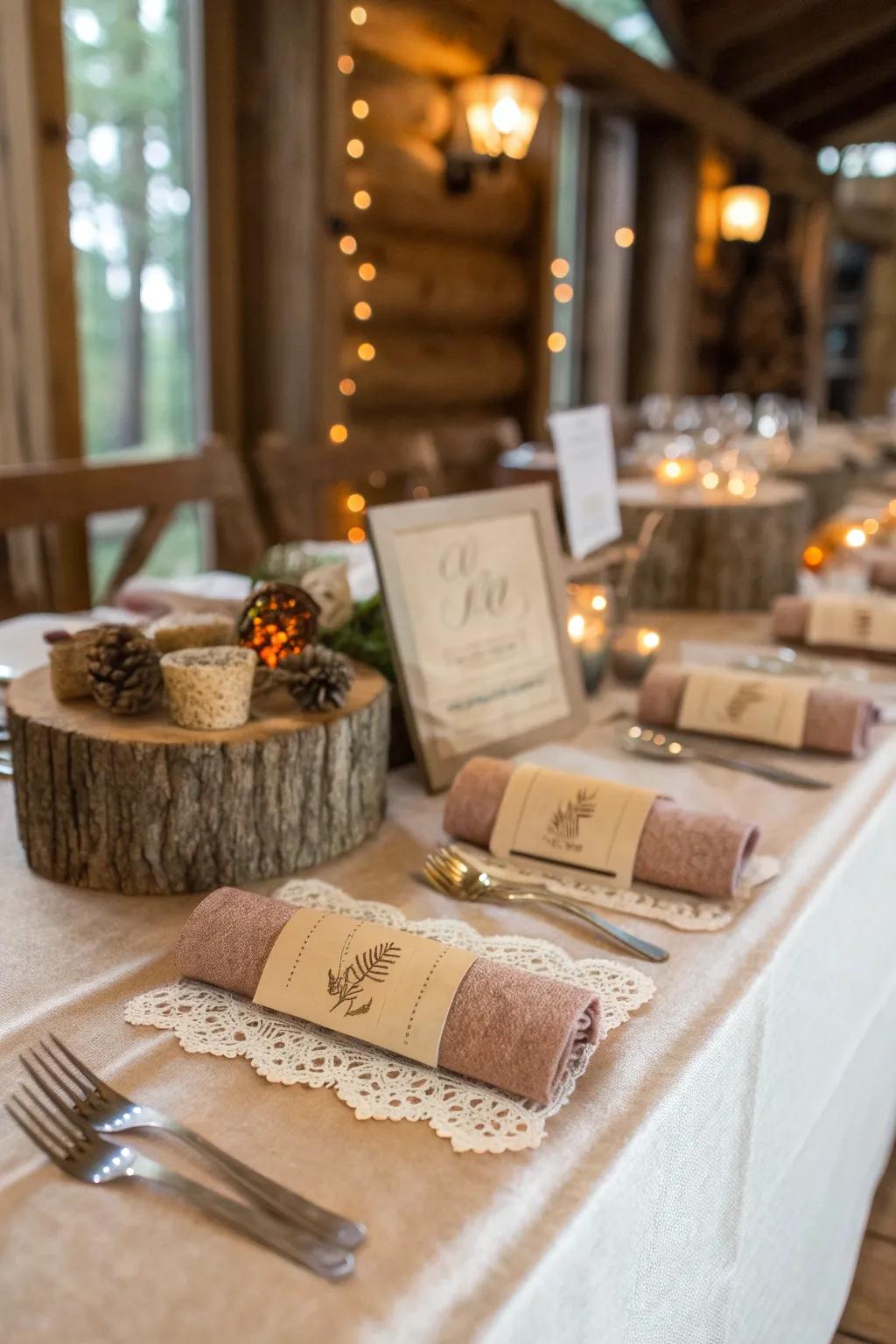 Personalized touches like napkin ties and place cards enhance the sideboard.