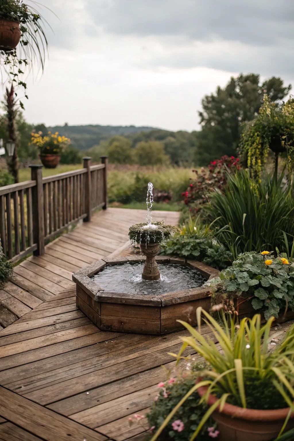 A water feature brings tranquility and charm to this deck.