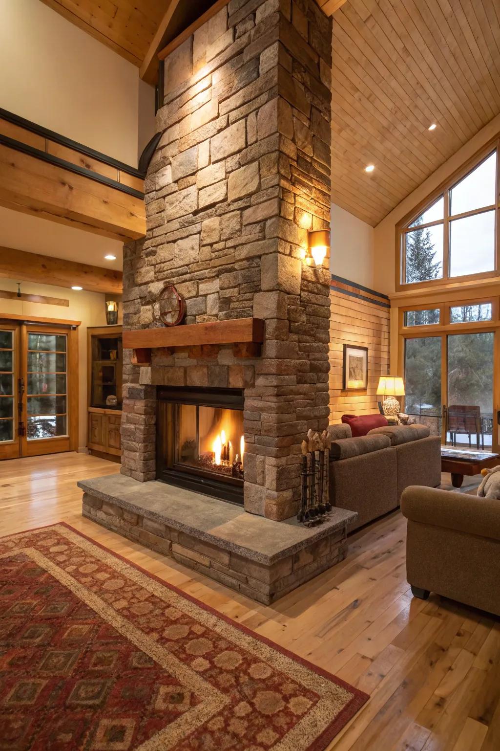 A dual-faced fireplace furnishes warmth and a shared sight in this unrestricted area.