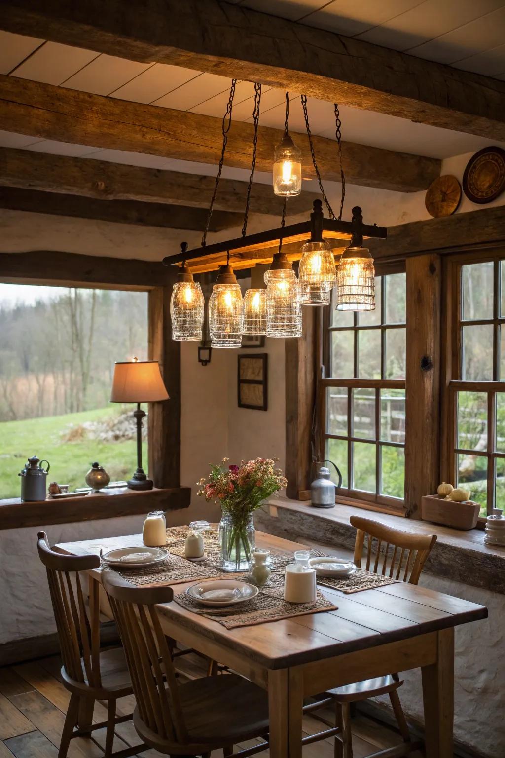 A preserving jar chandelier introduces countryside charm to this breakfast nook.