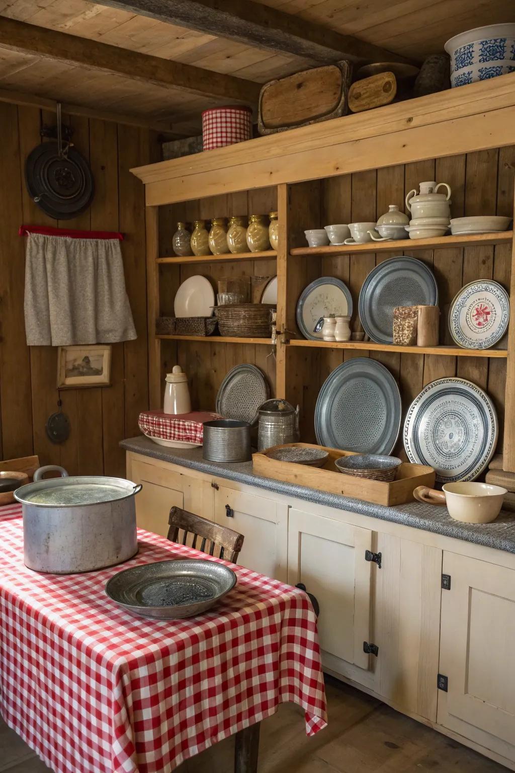 Aged finds like enamelware add charm and utility.