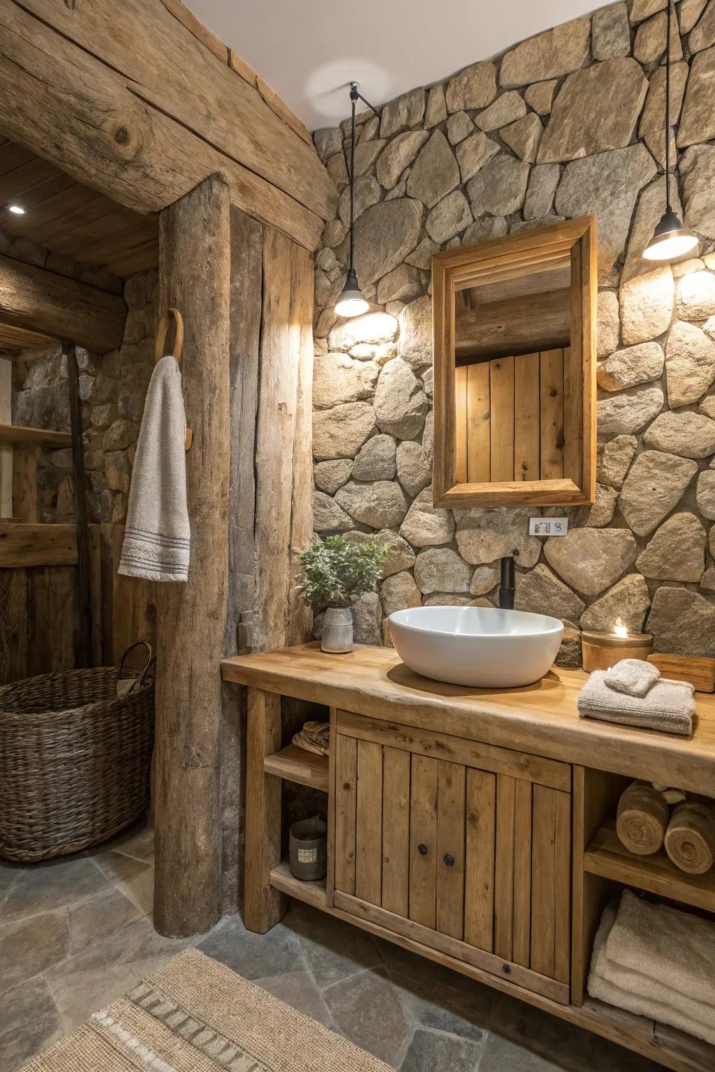 A rock feature wall adds texture and depth to the space.