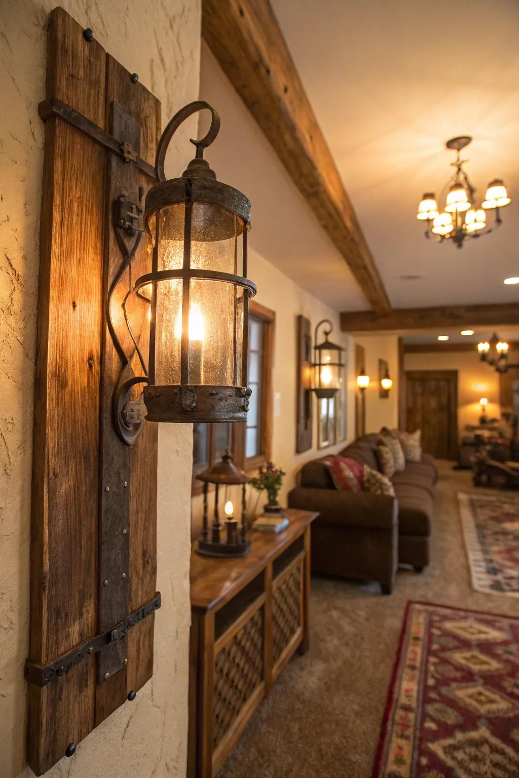 Country wall lights enhance the area with warmth and ambiance to a comfortable room setting.