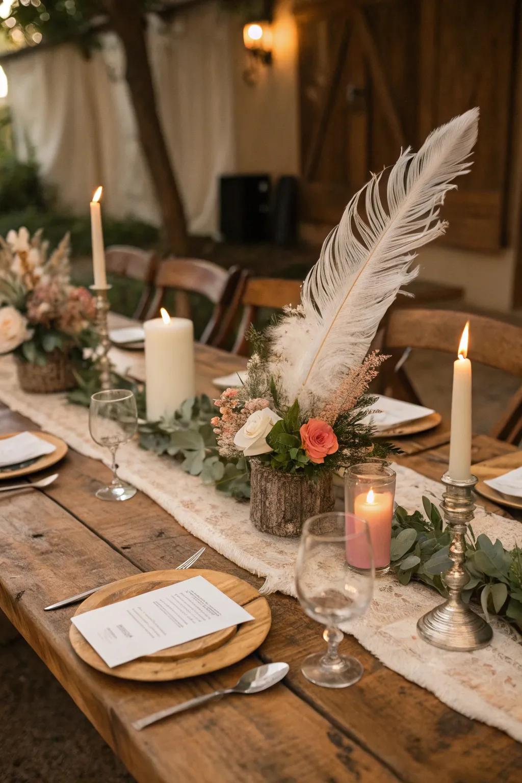 Feather embellishments contributing a whimsical texture to the countryside table.