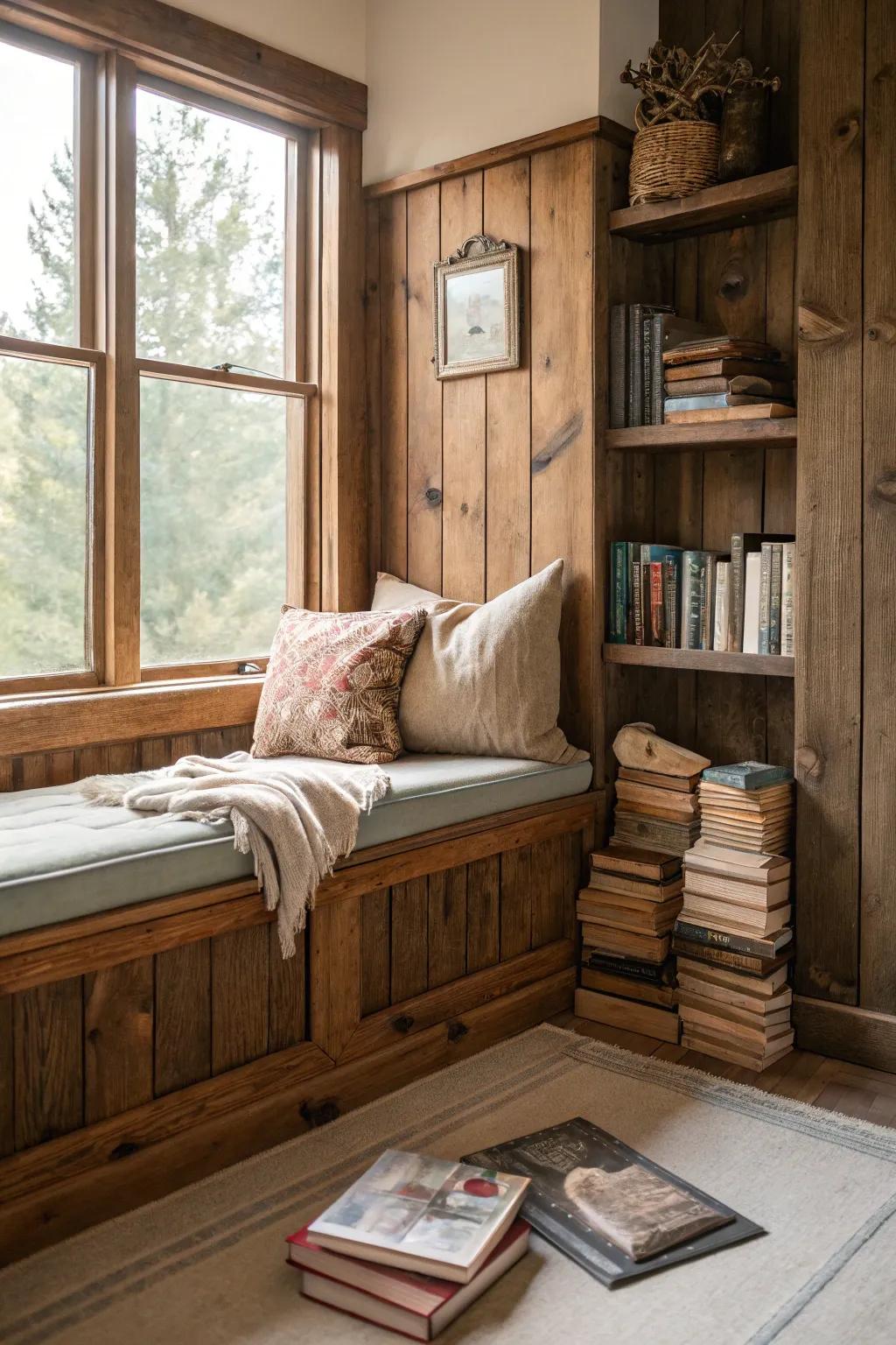 Establish a comfy reading space with countryside paneling and comfy seating.