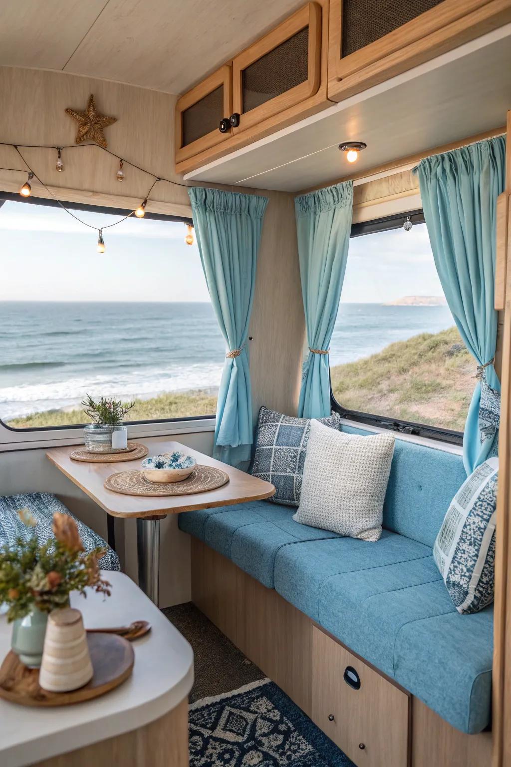 A seaside color scheme infuses a revitalizing, tranquil vibe to this RV.