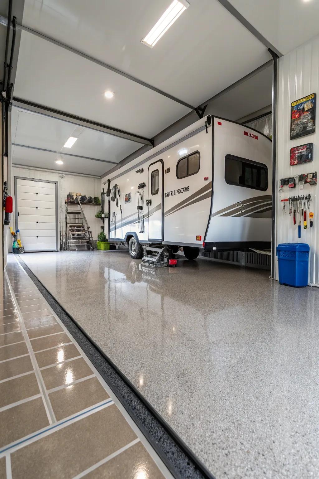 Long-lasting resin flooring in an RV garage for a spotless and refined surface.