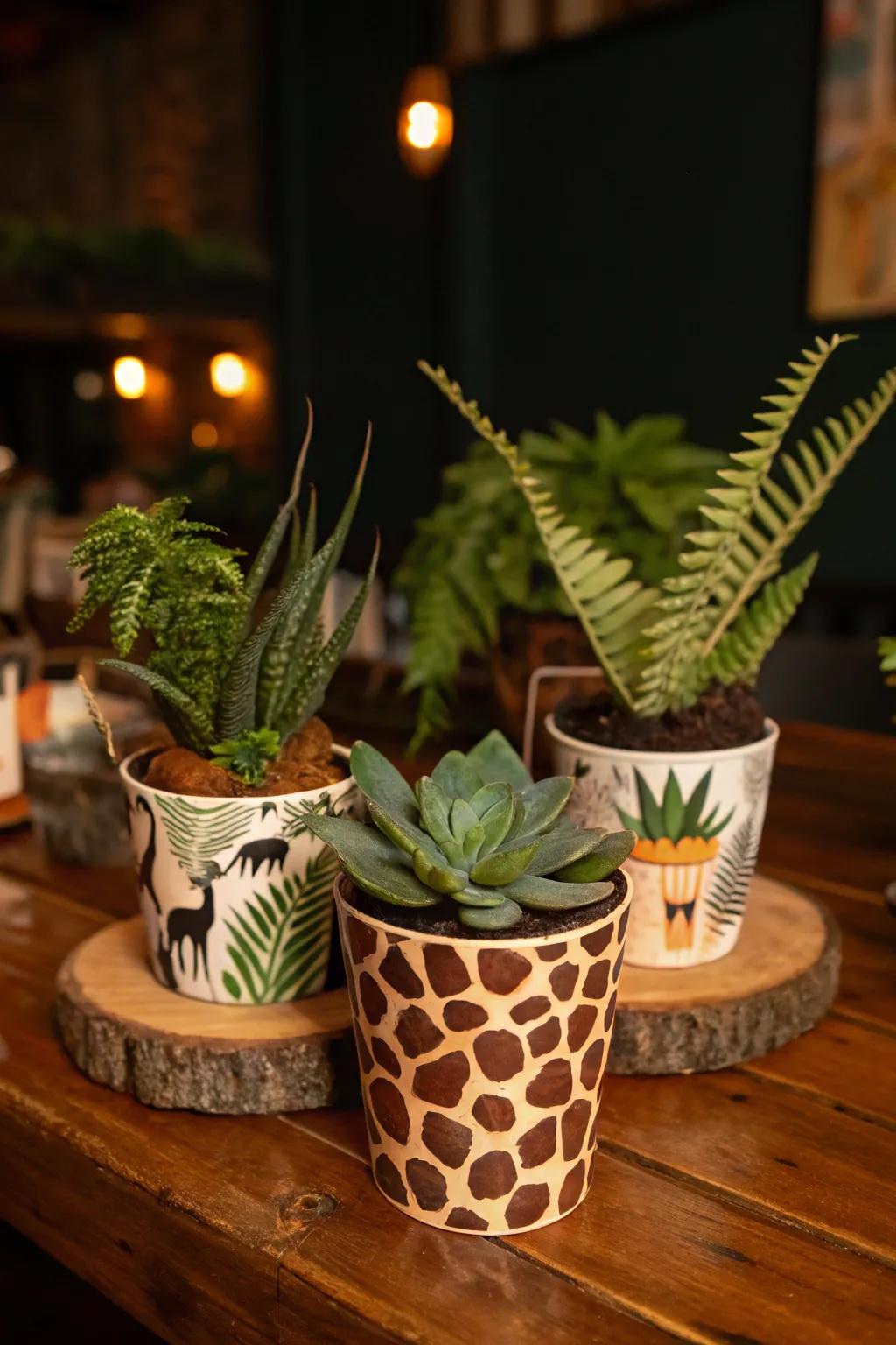 Diminutive plant vessels present a vibrant, living touch.