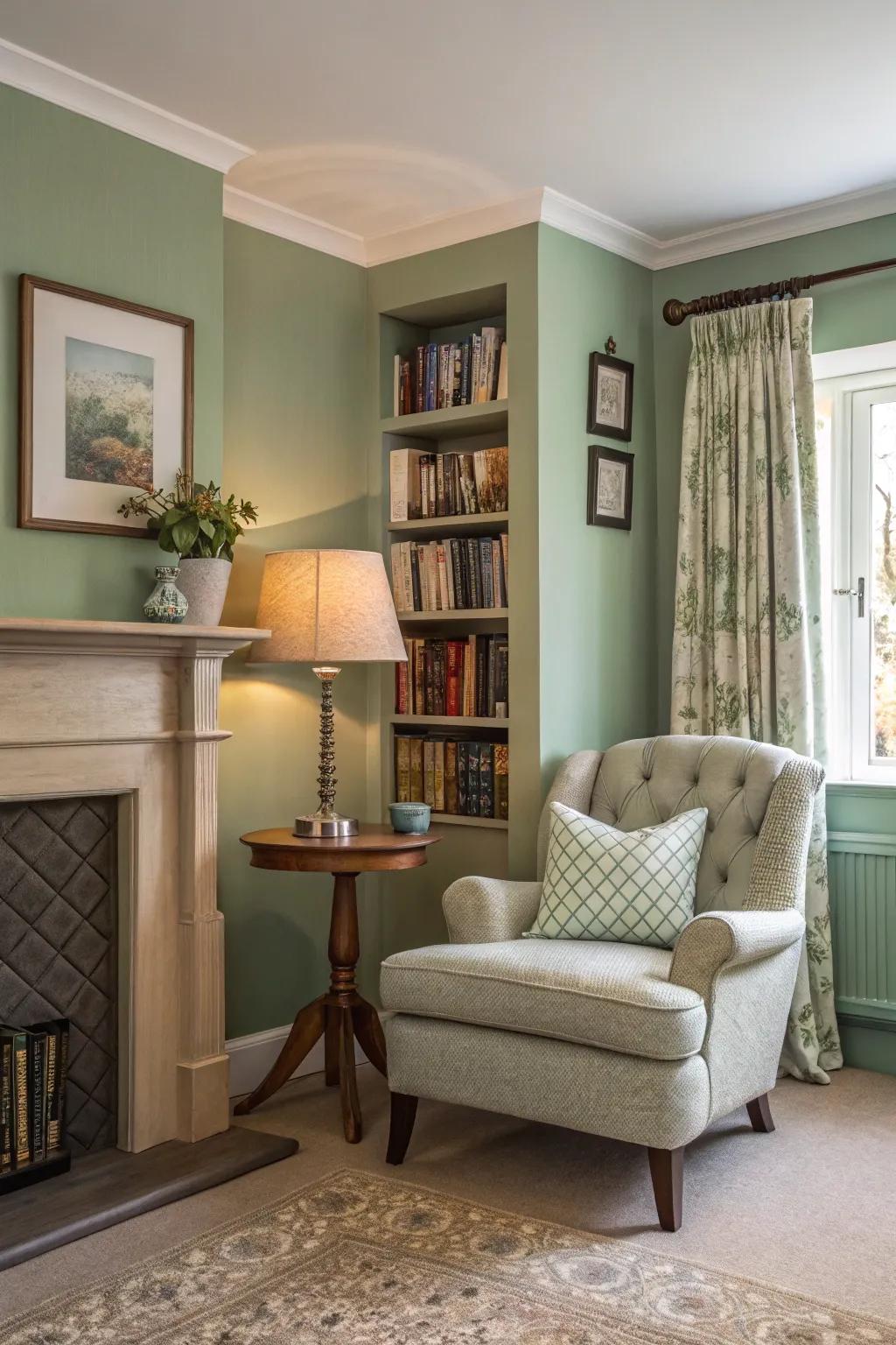 A reading nook provides a personal escape within a sage green area.