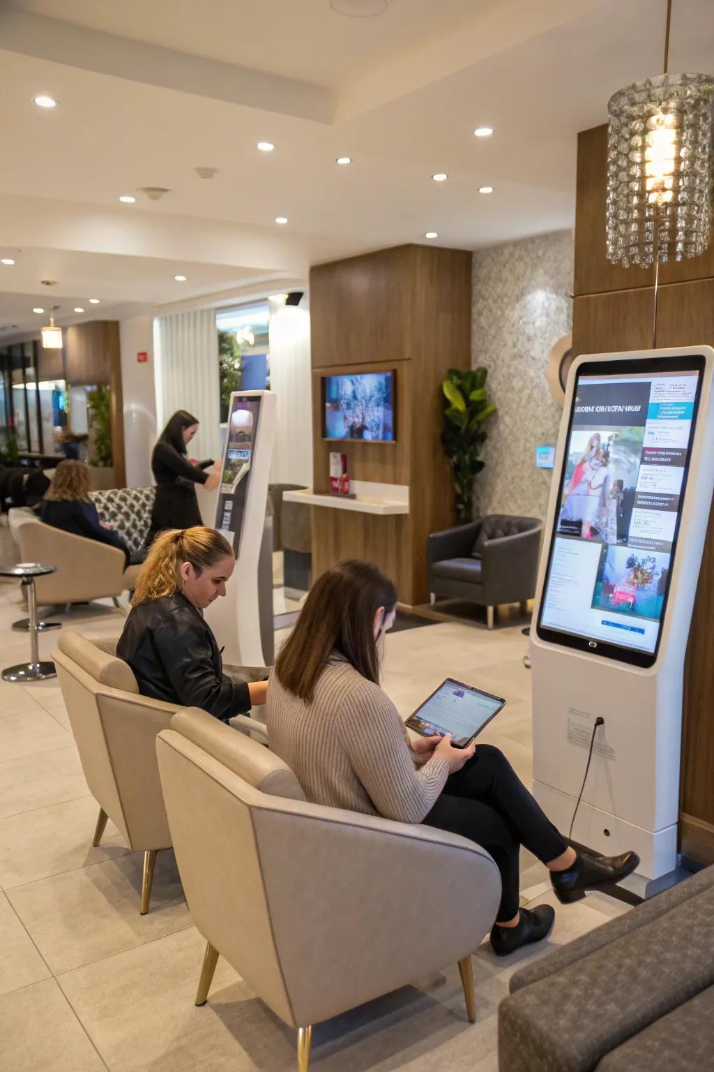 A salon reception area with interactive screens for client engagement.