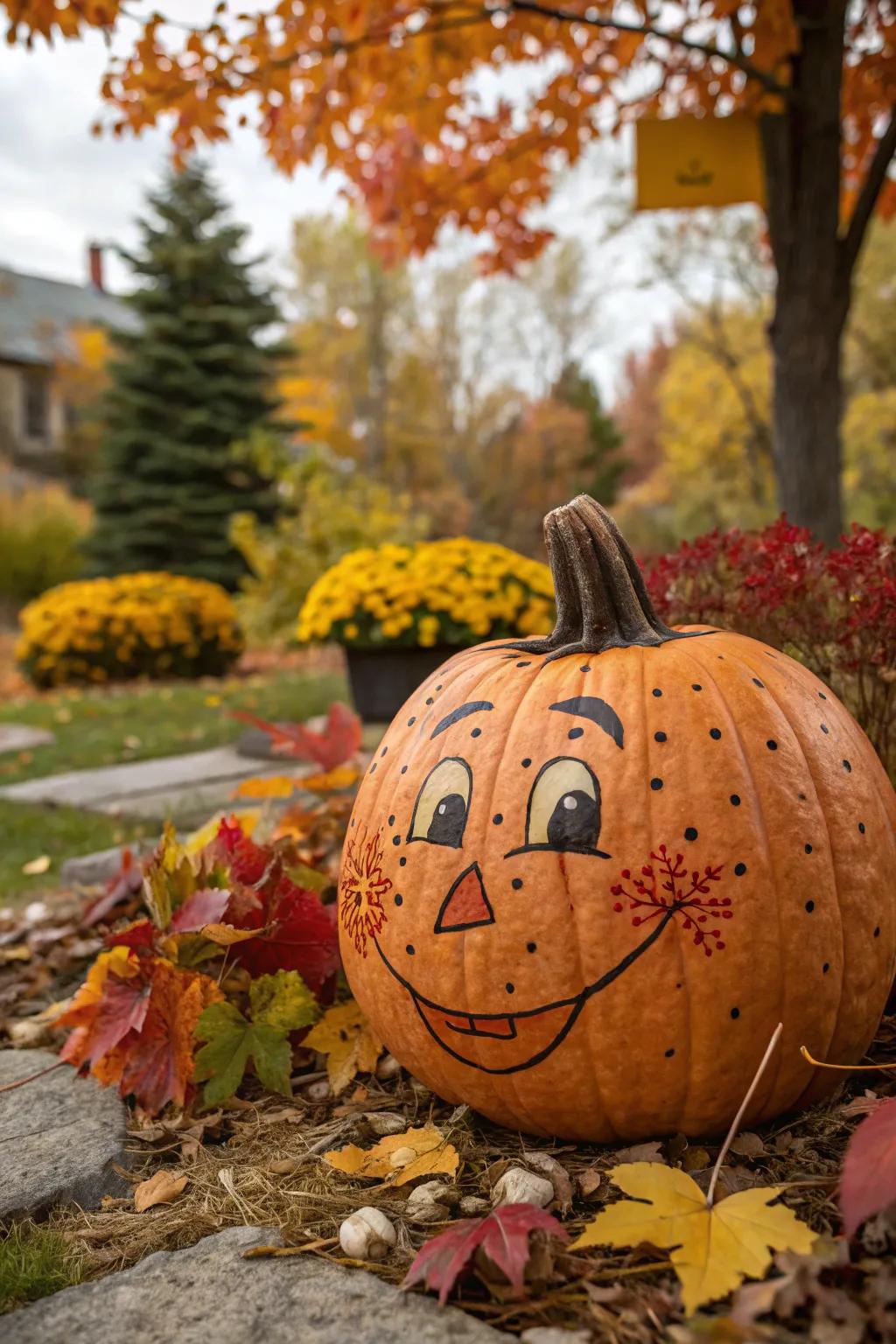 Speckles contribute a charming nuance to this scarecrow pumpkin.