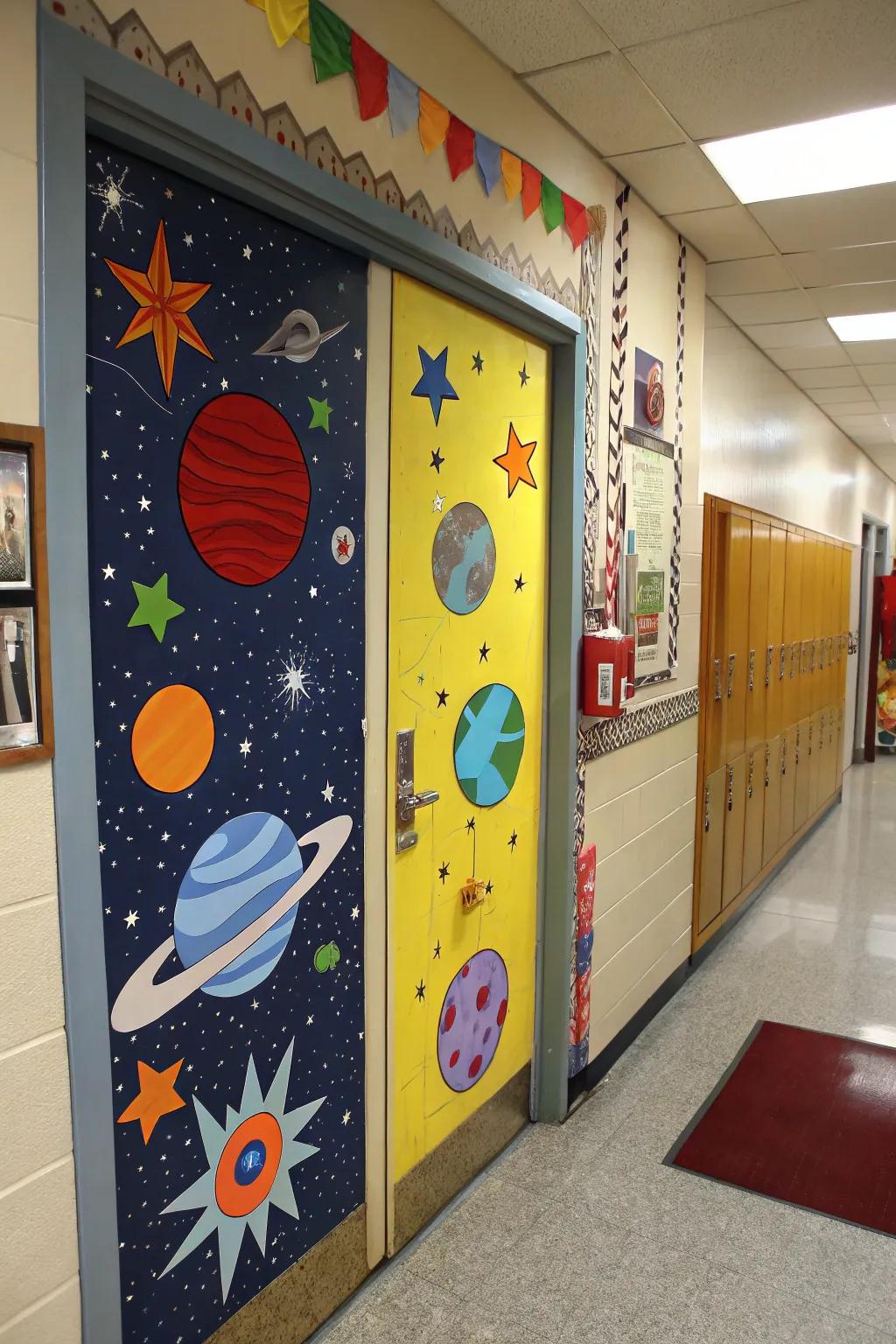 A cosmic space exploration theme showcased on an educational entrance.