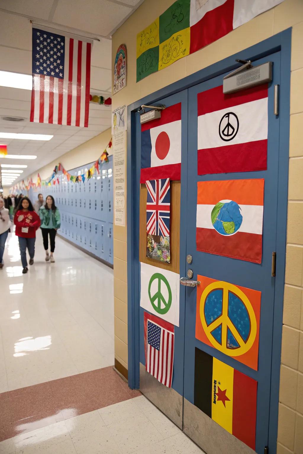 A world-themed school nurse’s door celebrating cultural diversity.