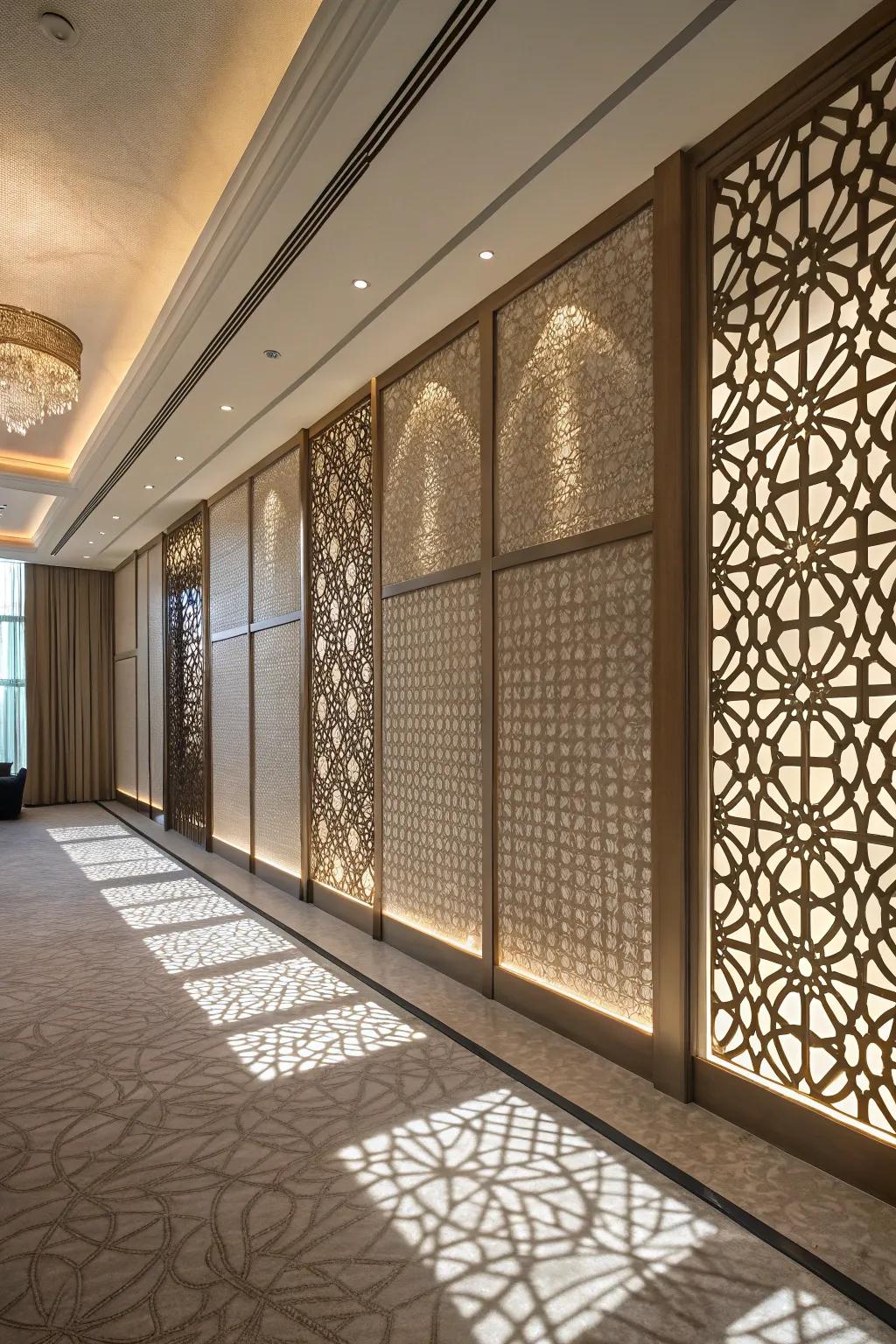 Textured partitions create dynamic light and shadow effects.