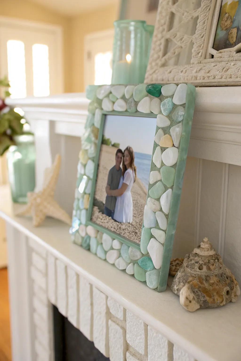 Sea glass decorated displays add a beachy feel to cherished memories.