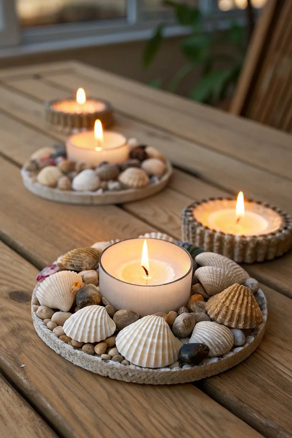 Seashell taper receptacles infuse warmth and coastal allure to any ambiance.
