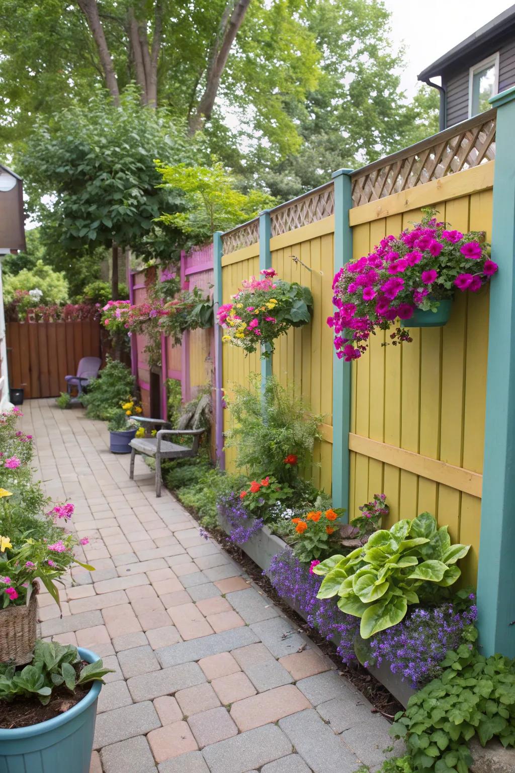 Planters on a fence create a dynamic verdant wall, enhancing privacy with natural beauty.