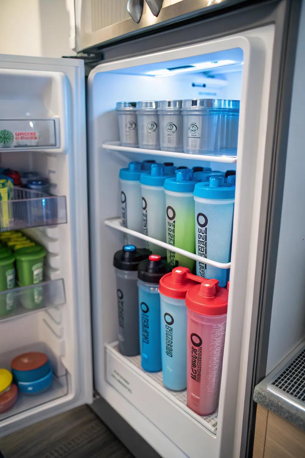 Refrigerator door storage keeps protein mixers cool and ready to use.