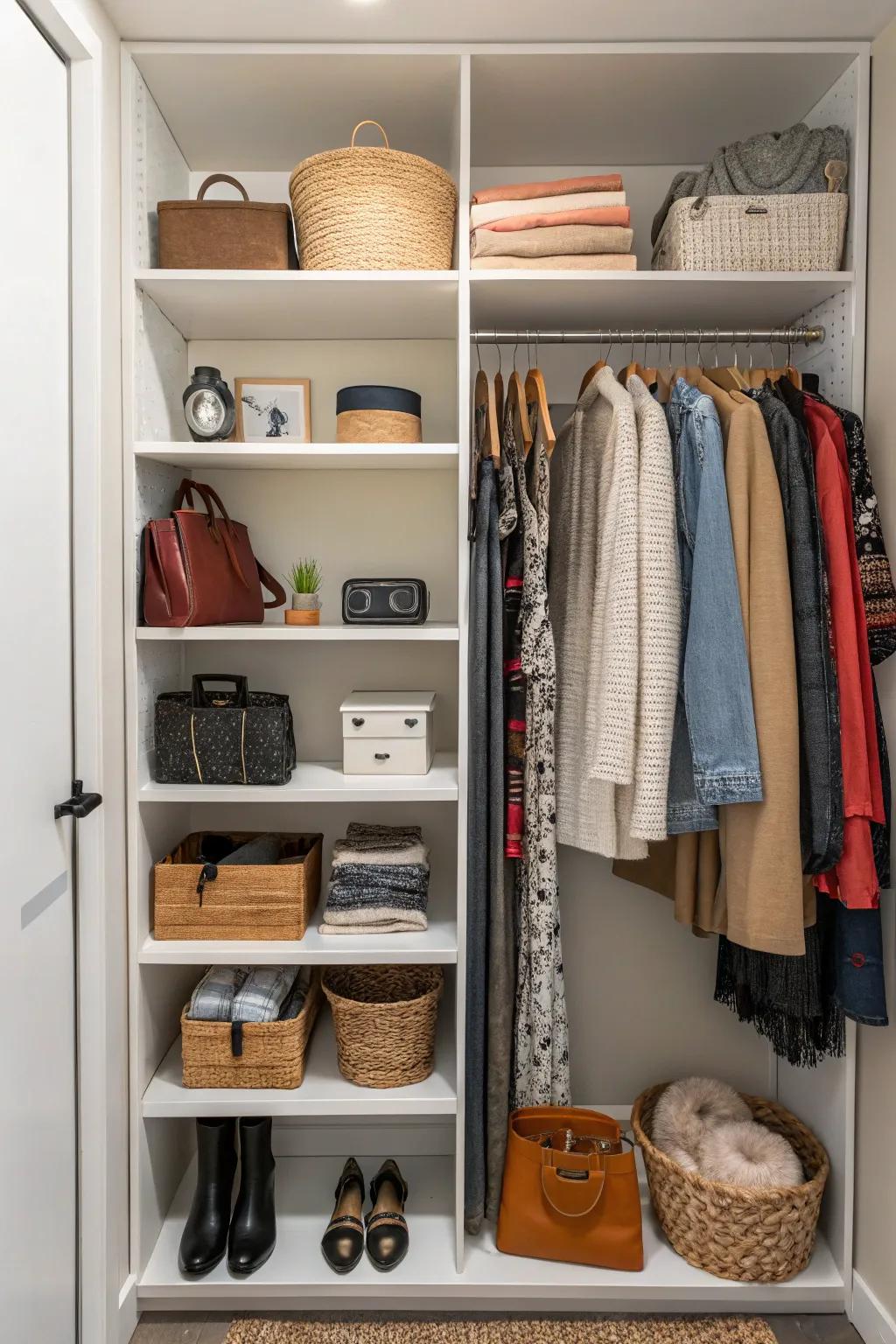 A closet featuring open shelves, transforming everyday articles into interior design components.