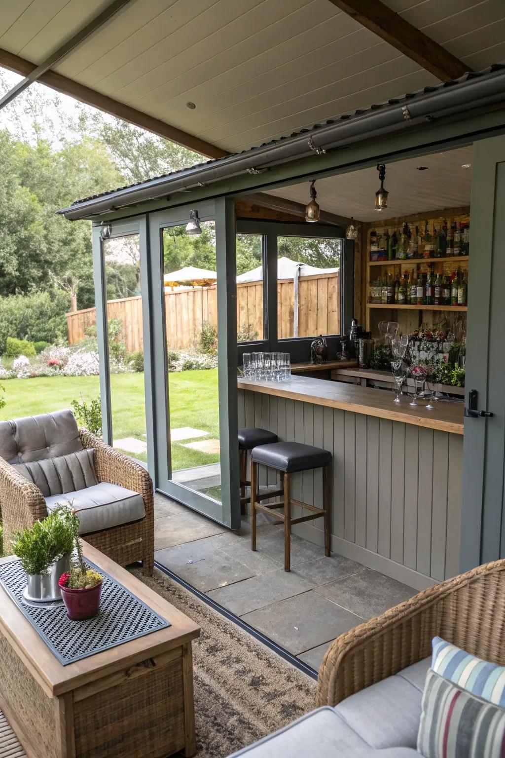 A shed turned into a stylish bar for social gatherings.