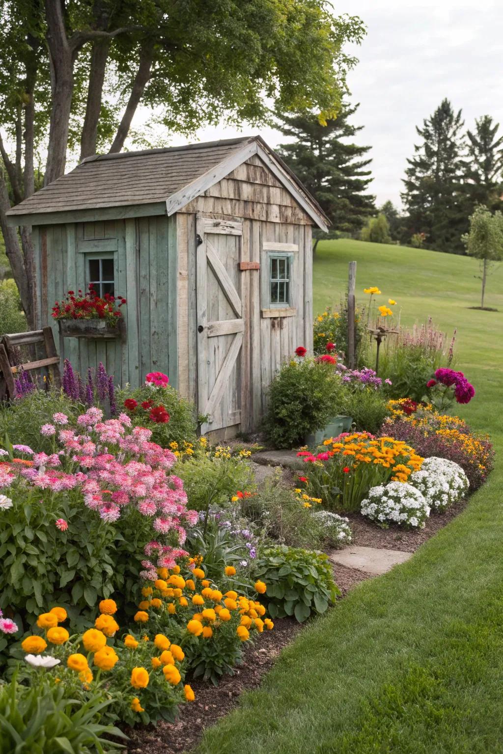 An outbuilding transforms into a floral focal point within a colorful garden patch.