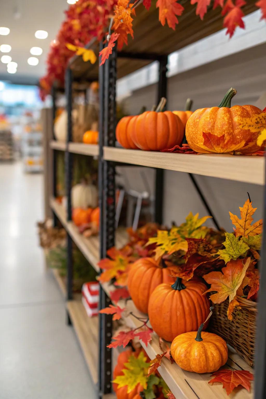 Seasonal elements like gourds and foliage sustain the freshness of the shelf.
