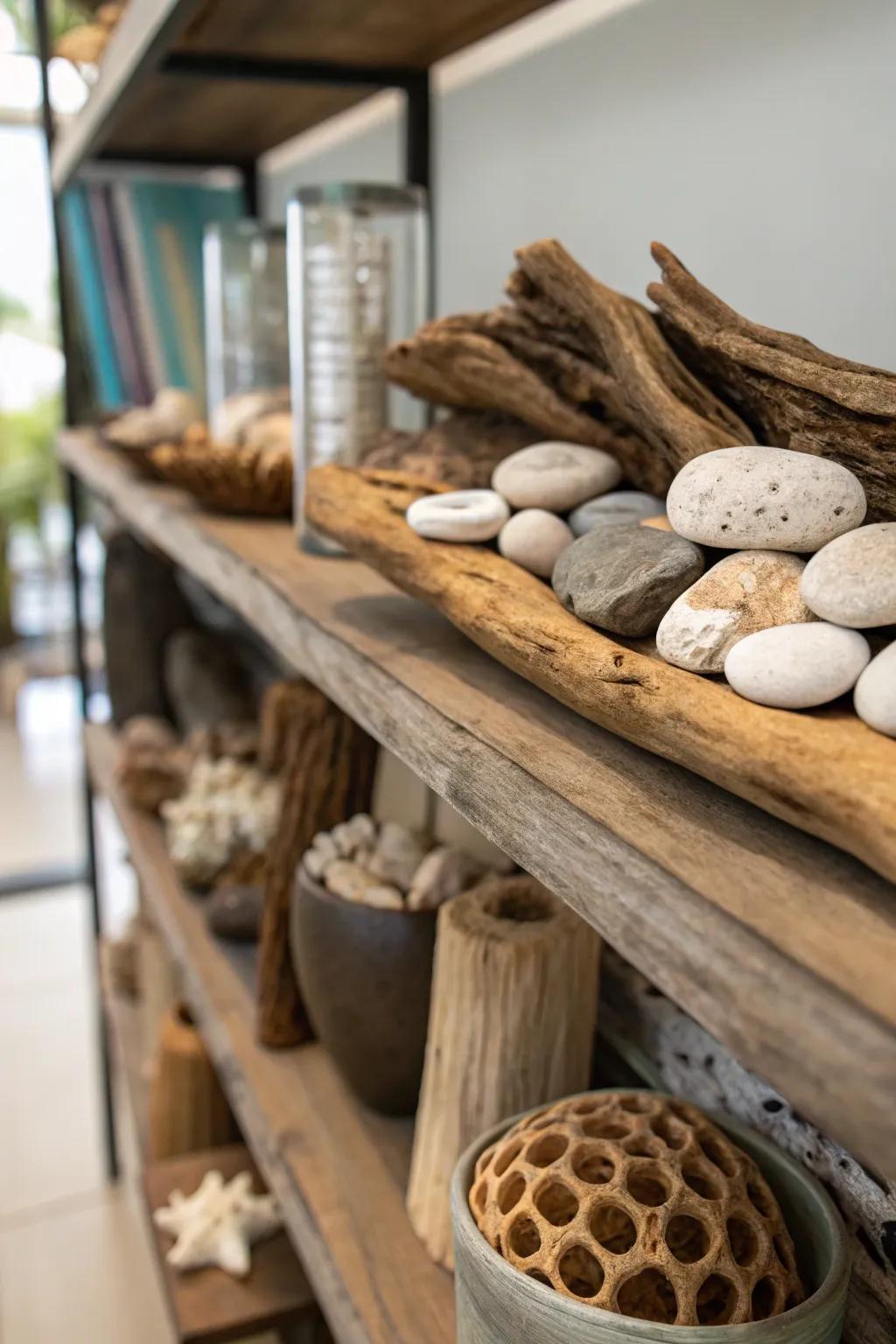 Natural elements bring an earthy, organic feel to shelves.