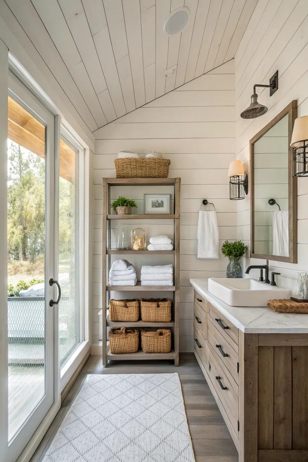 A bathroom featuring wall plank walls and exposed shelving for display.