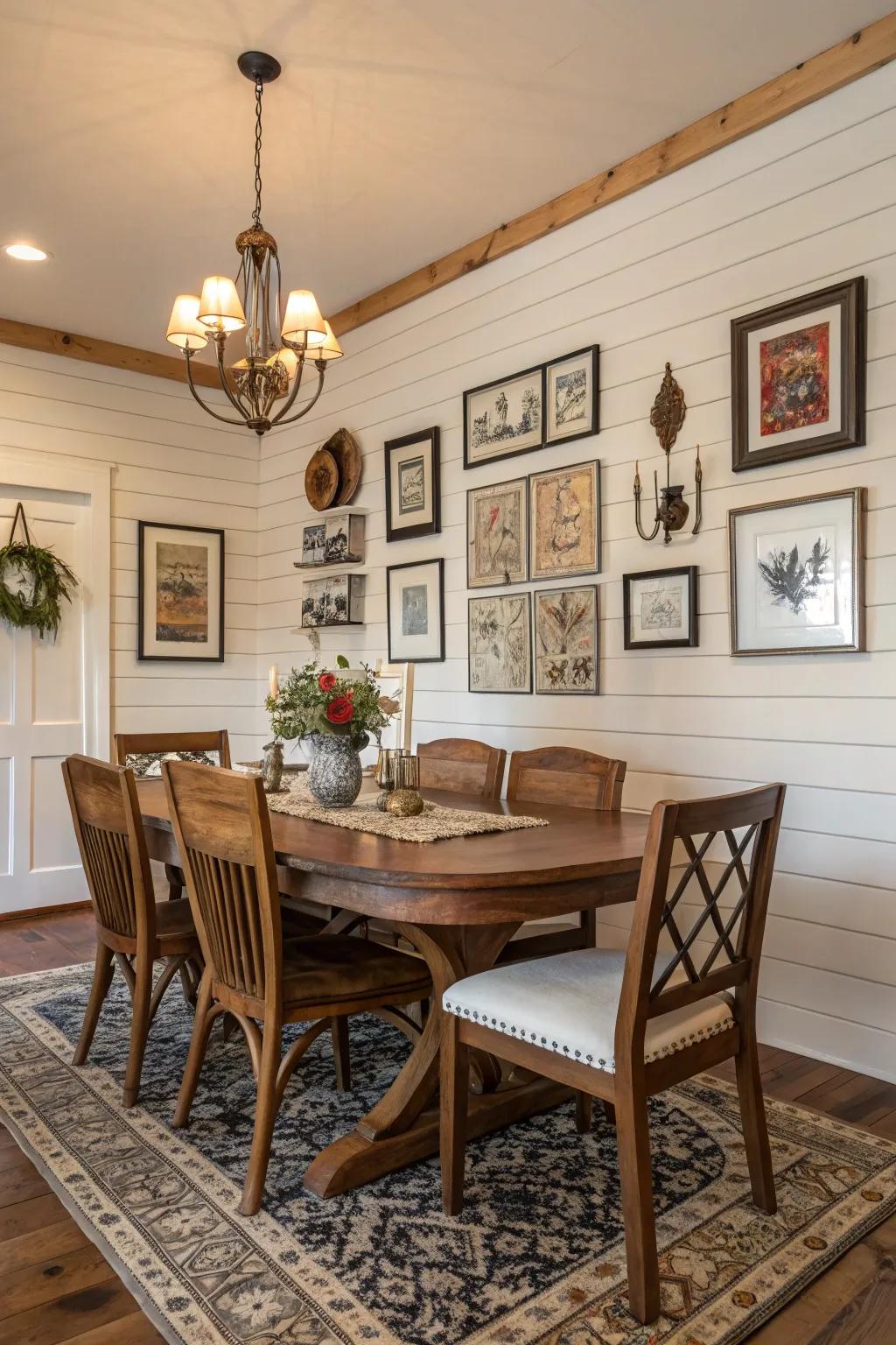 A dining room with artistic aptitude and shiplap walls.