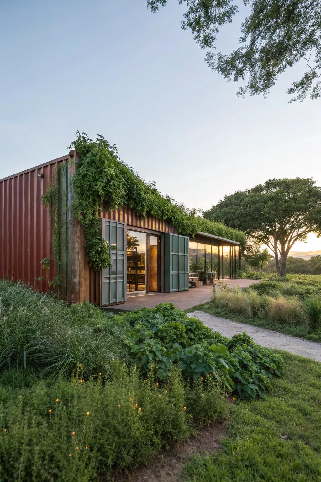A metal box barn that looks like it belongs in nature.