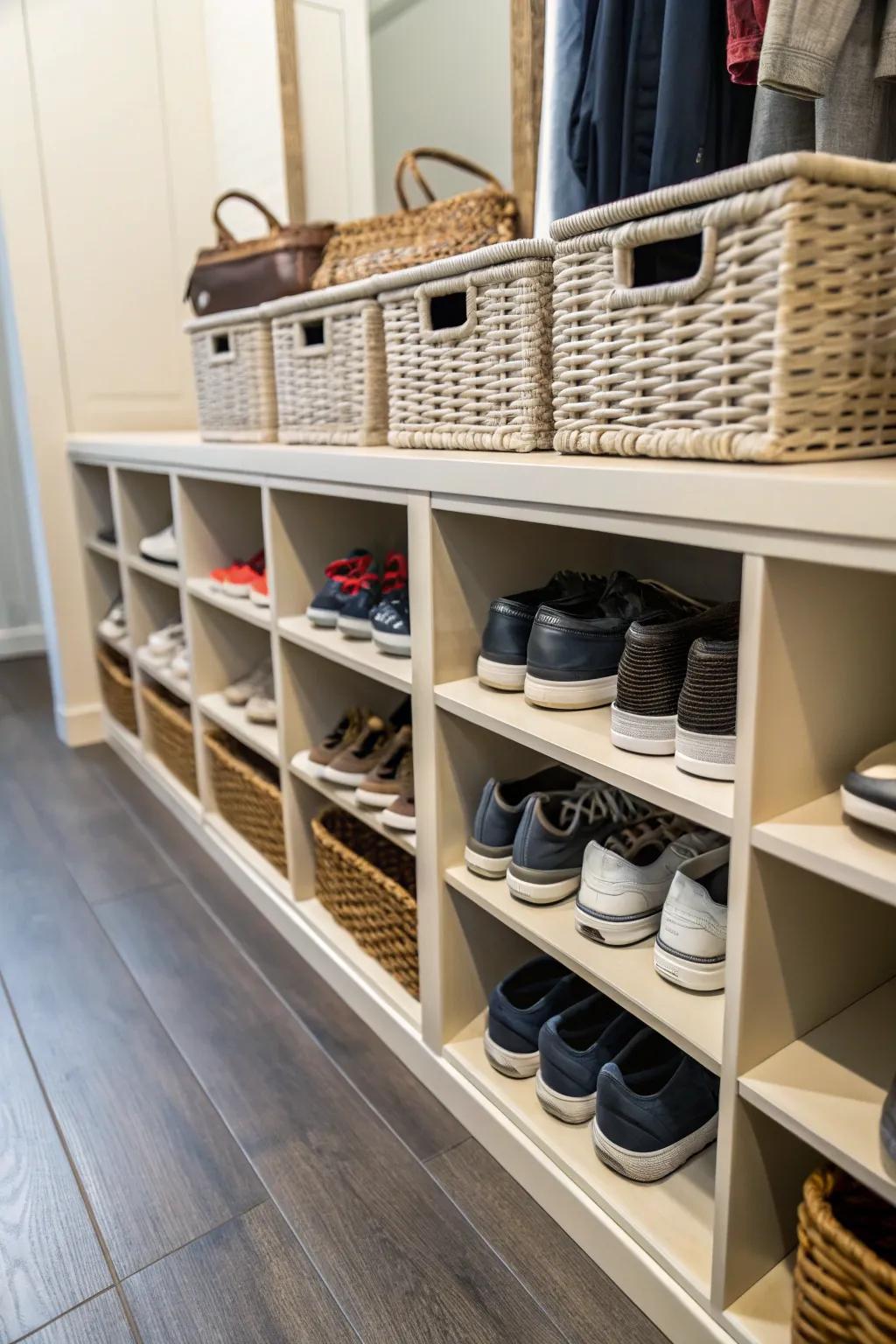 Custom basket cubbies provide a polished and tailored approach to shoe storage.