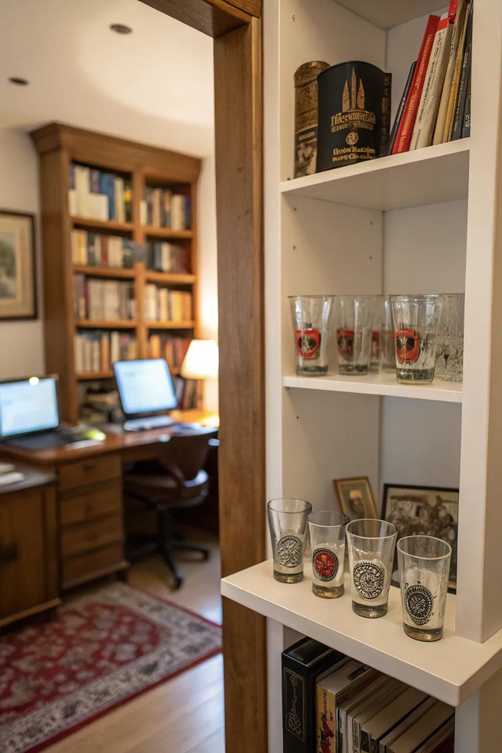 A study features a corner presentation module creatively populated with glasses.