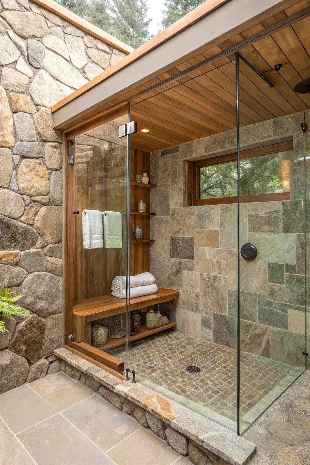 A shower filled with combined stone, glass, and timber aspects.
