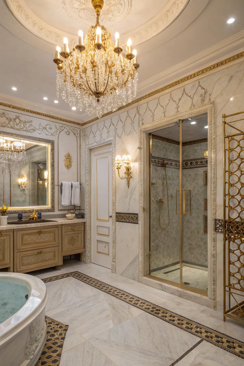 Chandeliers add an element of luxury and elegance to the shower.