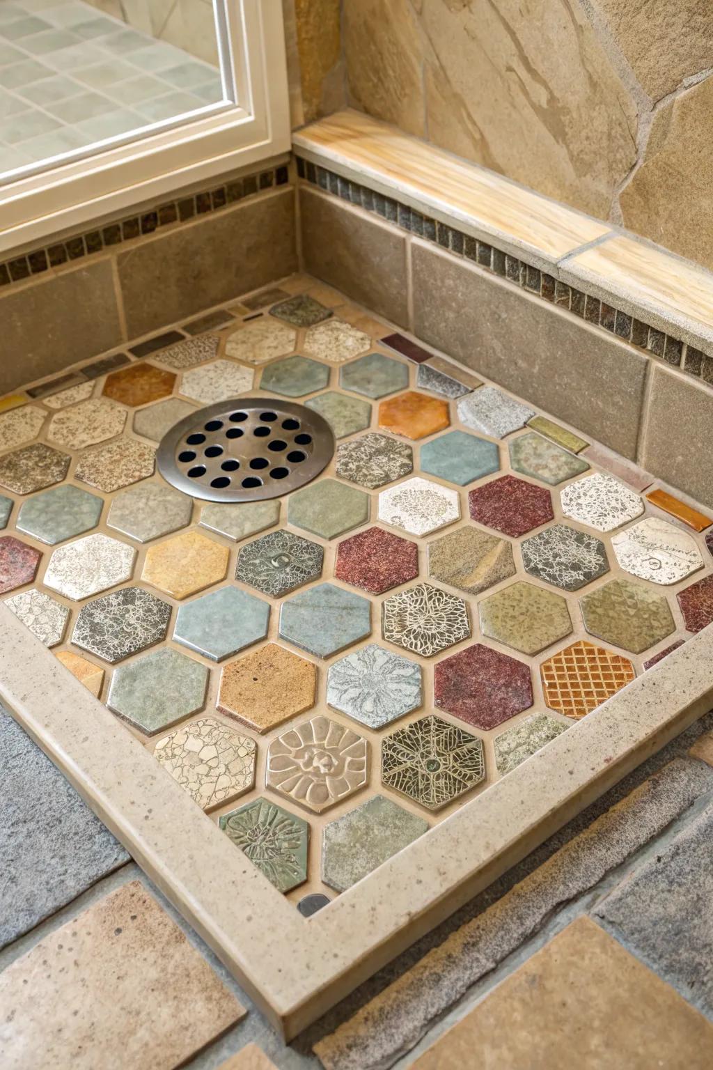 Eco-conscious repurposed tiles in various colors and textures make this shower base both beautiful and sustainable.