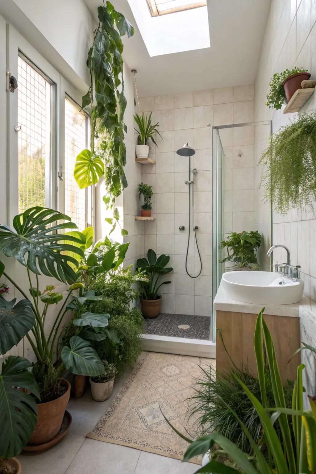 A fresh and lively shower space adorned with houseplants.
