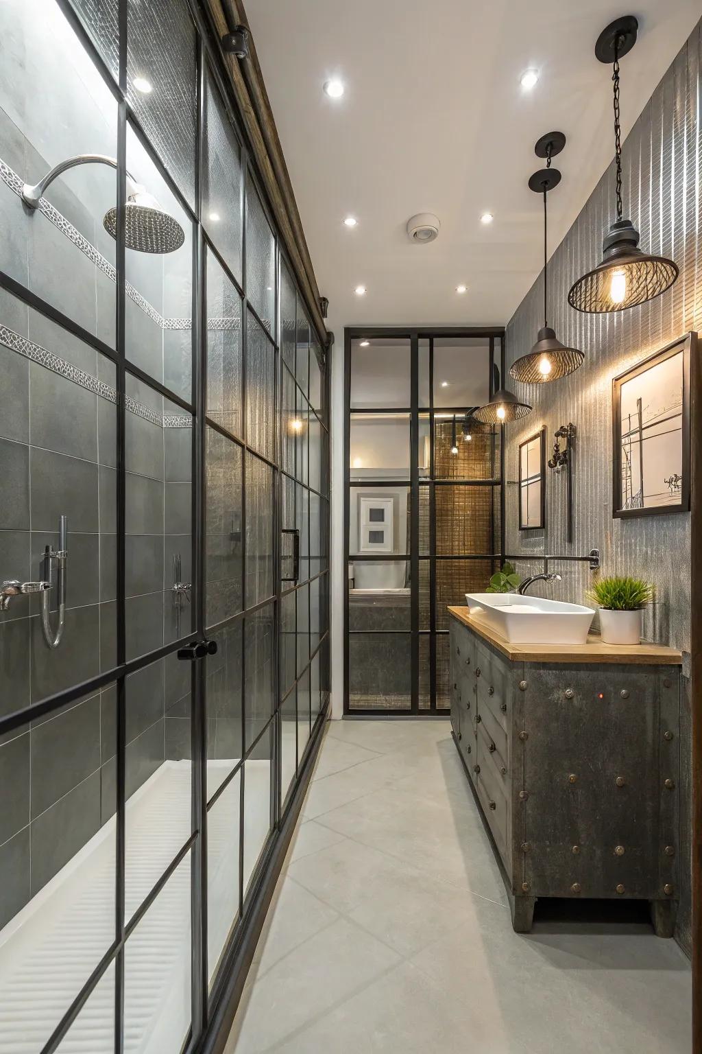 Metallic panels contribute to an urban style shower design.