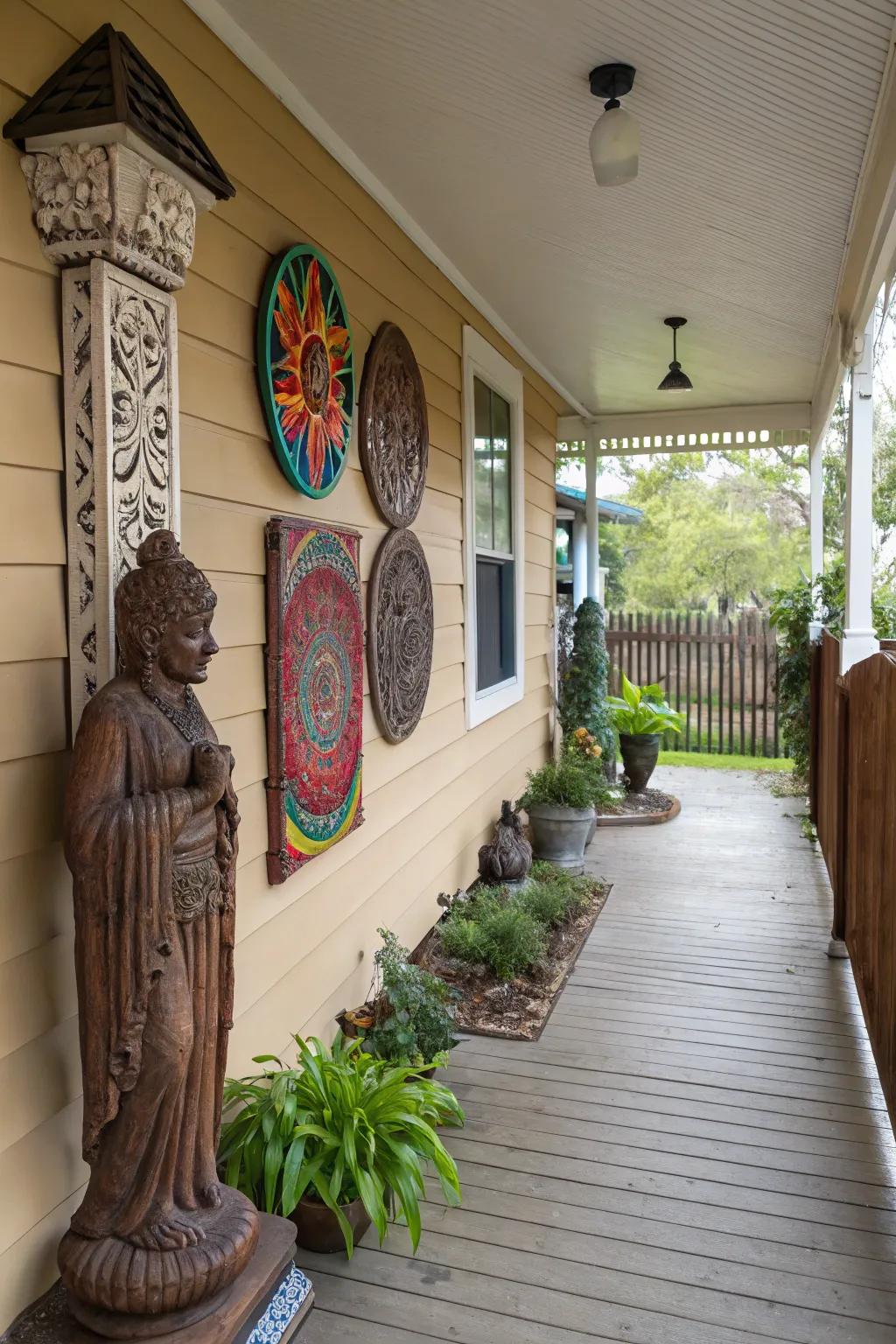 Artistic elements add flair to the side porch.