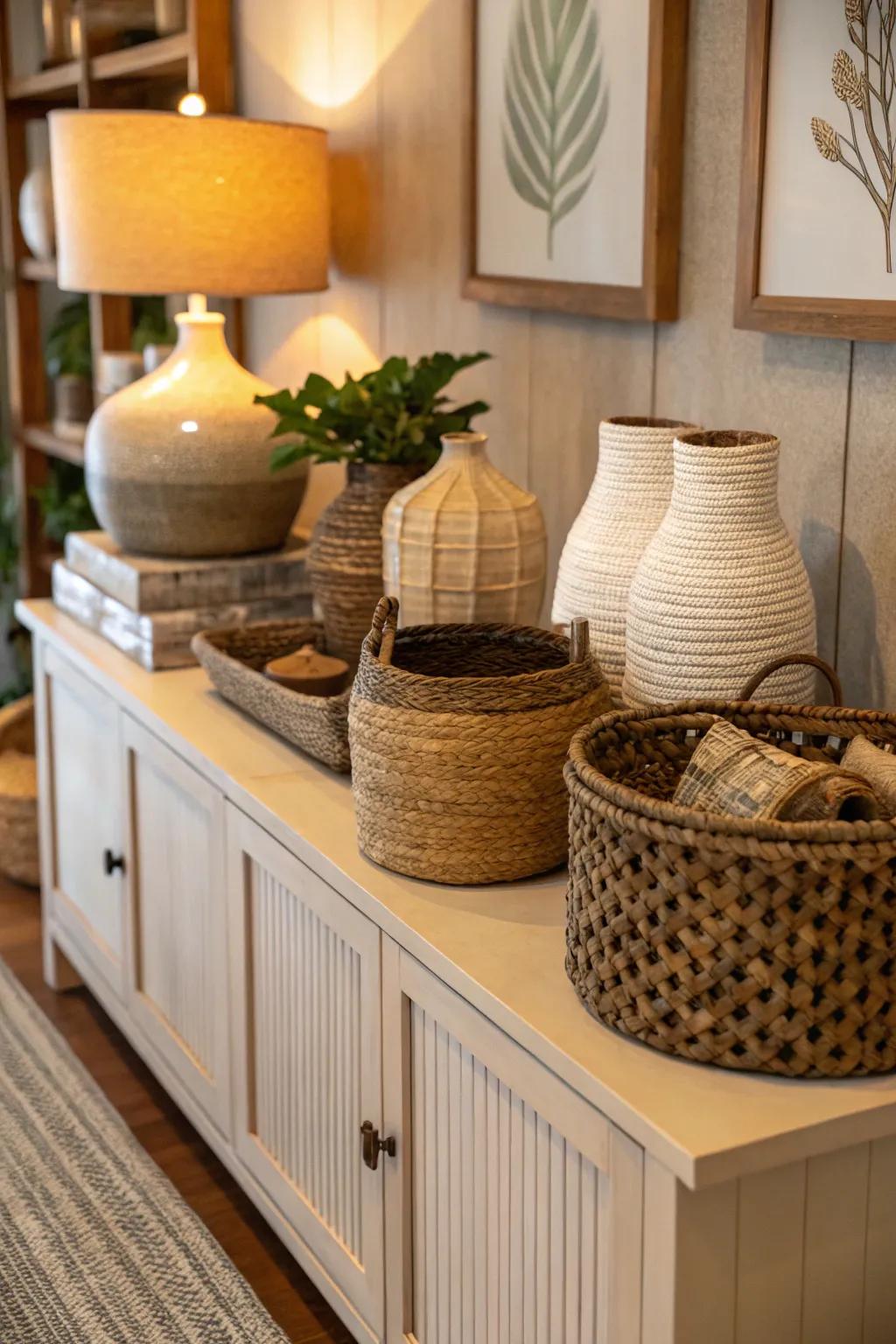 Layered textures on a credenza add depth and tactile interest.
